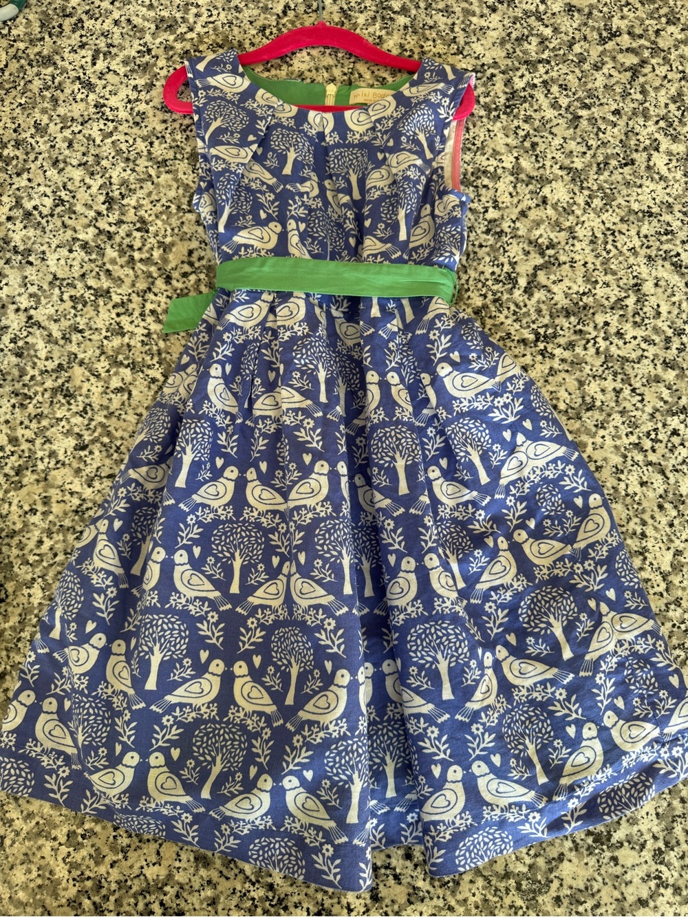 Mini Boden Blue Bird Print Dress with Green Sash